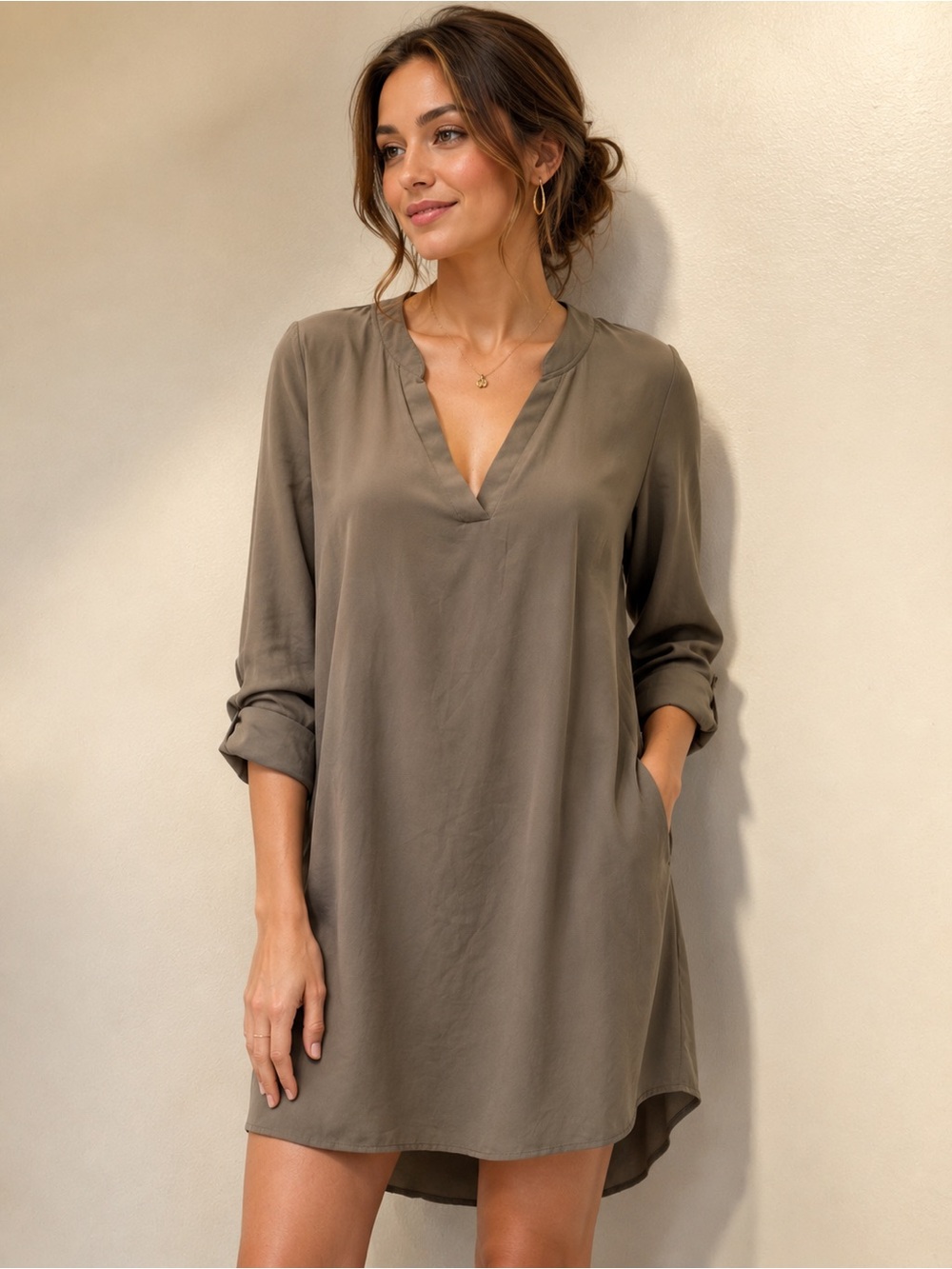 Women's Olive Tunic V-Neck Shirt Dress no pocket